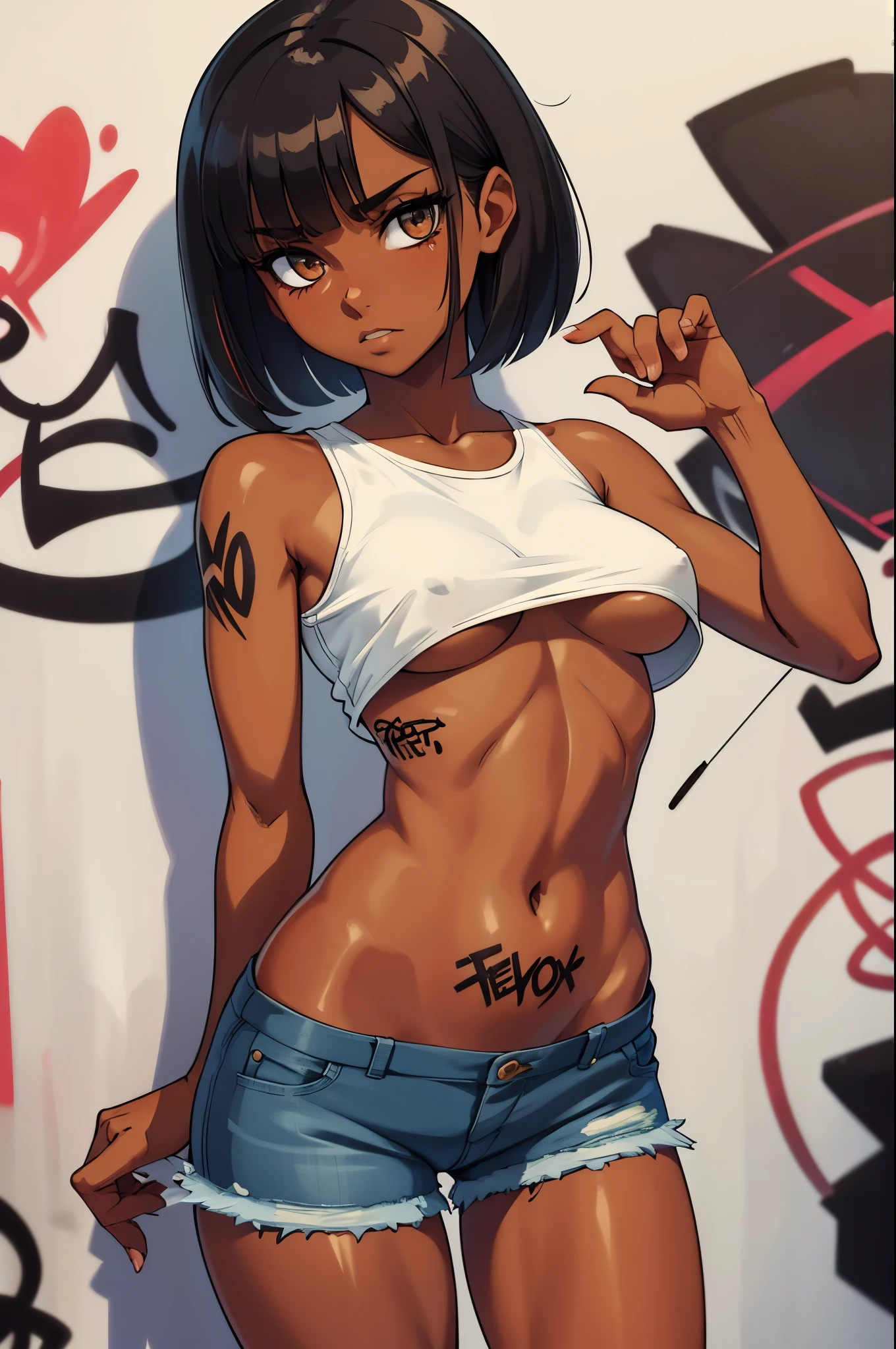 (cowboy shot), (best quality, ultra-high resolution, depth of field:1.2), adult, 1woman, toned body, medium breasts, wide hips, solo, black hair, streaked hair, short hair, bangs, (tiny crop top), (underboob), (denim shorts), (graffiti:1.4), slouching, (crotch tattoo), laying on the wall, looking at viewer, upturned eyes, brown eyes, head tilt, bored, hands behind back ((small breasts)), (dark skin), tan