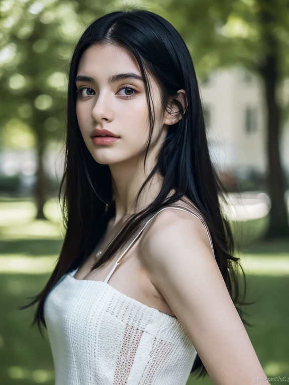 ( masterpiece, top quality, best quality,8k,17 years old girl,ultra detailed,raw photo:1.5),(photorealistic:1.4), (long black hair:1.5), (cinematic lighting), PerfectNwsjMajic, , Surrealism, UHD, ccurate, Super detail, textured skin, High detail, Best quality, dynamic angle, (high nose,White skin),[Beautiful blue eyes],[flat chest:large breasts:0.5],(1girl),(good anatomy:0.5)),(outside:1.5),