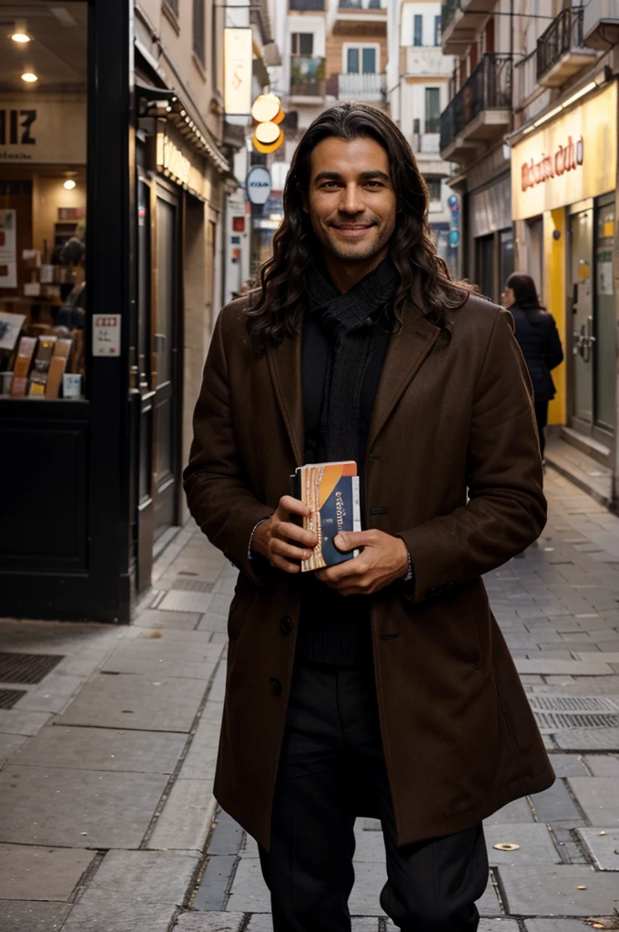 Crie um homem realista de 35 anos. Alto, com corpo leventemnte malhado. Ele tem oulhos castanhos e profundas sobrancelhas  negras. Her hair is dark brown wavy. He is smiling, possuiu um maxilar proeminente e uma barba bem feita. He is dressed in a dark brown overcoat while holding his workbook in one hand.. He is on the streets of Spain returning to work