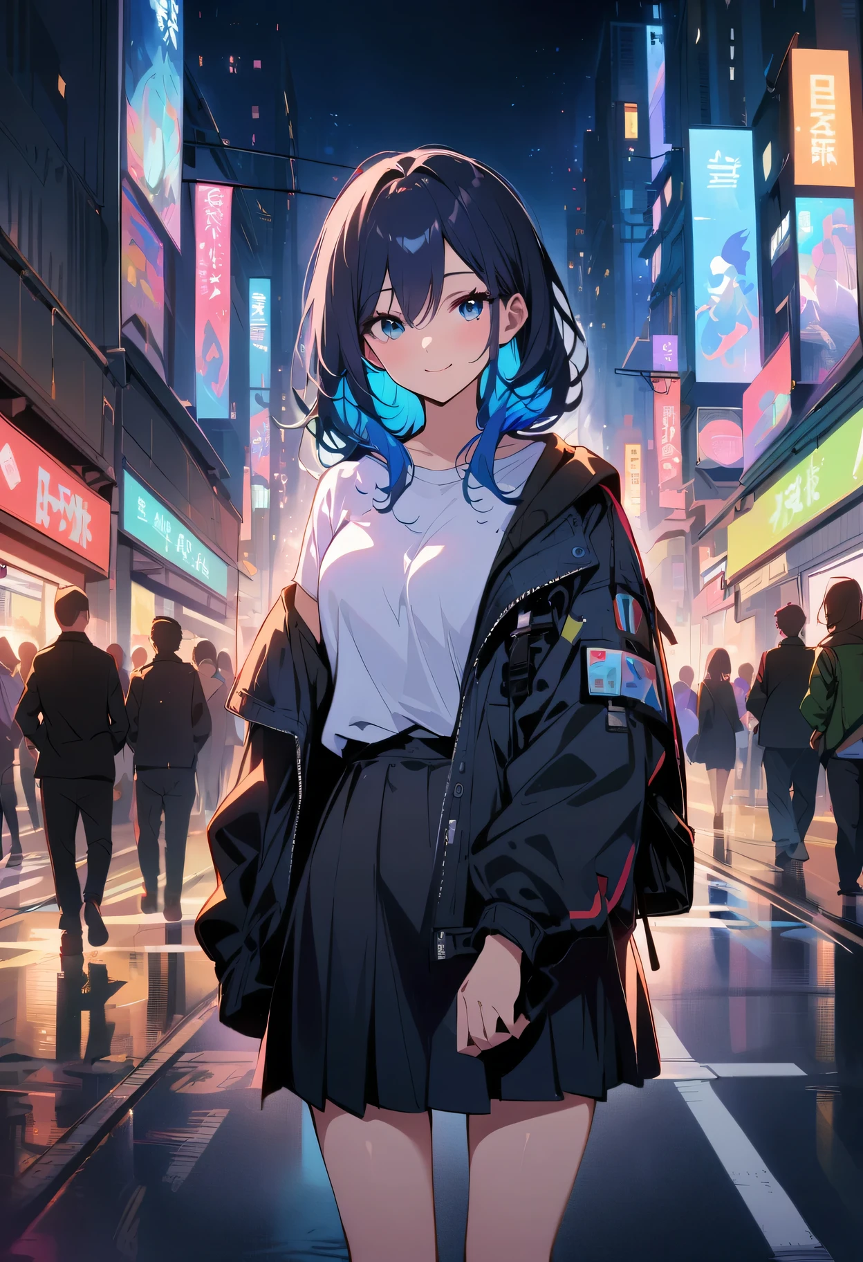 1 girl, Black_skirt, blue_hair, architecture, City, Cityscape, hair_between_Eye, Jacket, watching_exist_audience, Moderate_hair, colorful_hair, night, leave_Shoulder, outdoor, pleexisted_skirt, road, shirt, skirt, skyscrapers, Smile, alone_focus, street, white_shirt