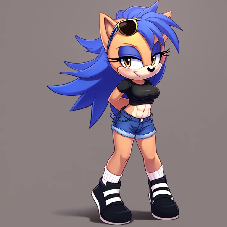 1girl, solo, shorts, blue hair, shirt, shoes, hedgehog girl mobian, socks, mobian, simple background, yellow eyes, black shirt, breasts, eyewear on head, grey background, animal ears, blue shorts, black footwear, full body, furry female, sunglasses, sunglasses on the head, ((athletic body)), looking at viewer, sneakers, arms behind back, denim shorts, denim, short shorts, long hair, standing, smile, medium breasts, midriff, blush, closed mouth, short sleeves, black socks, outline, Intricate Details, Masterpiece, Best Quality, High Quality, Studio Quality, Best Detail, Perfect Detail, Refine Detail.