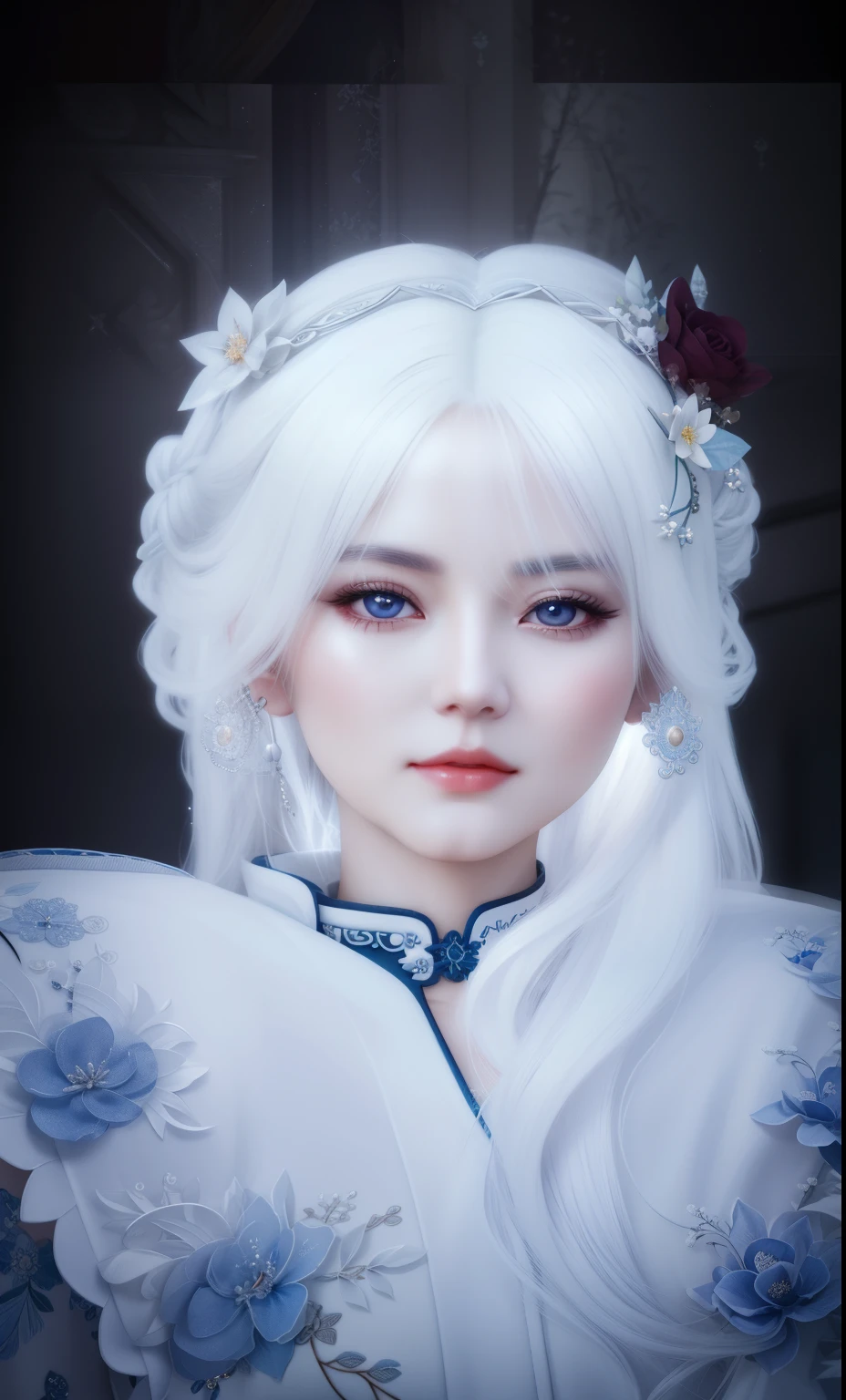 There is a woman with white hair and a white dress, An overly detailed fictional character, com.long, 8K image rendering, Beautiful face with white hair, Close character, Inspired by Ling Mei, Inspired by Li Mi Shu, Pale milky white porcelain leather, Realistic 3D anime, With a very detailed face, 8K detailed face