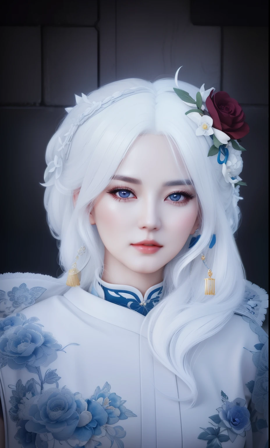 There is a woman with white hair and a white dress, An overly detailed fictional character, com.long, 8K image rendering, Beautiful face with white hair, Close character, Inspired by Ling Mei, Inspired by Li Mi Shu, Pale milky white porcelain leather, Realistic 3D anime, With a very detailed face, 8K detailed face