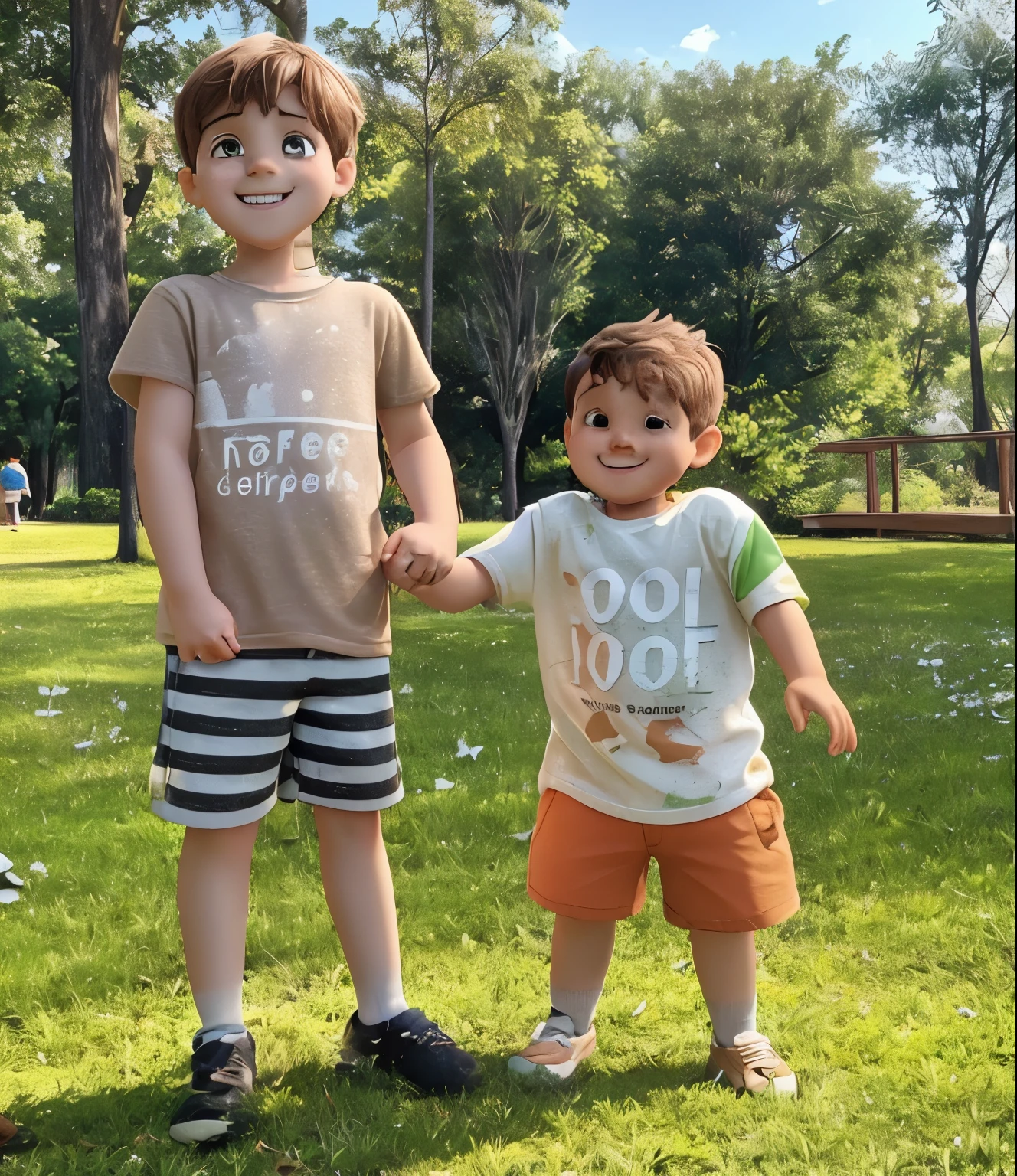 two boys in the park, one being three years old with light brown hair and eyes, rounded cut, white skin, smiling, brown t-shirt with white and black striped shorts. The other boy is one year old, brown hair, sideways hair, white skin, smiling, orange, green and yellow colored t-shirt, orange shorts. Park trees in the background.