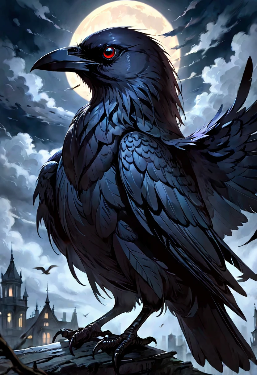 best quality,ultra-detailed,(realistic:1.37) paintings,dark and mysterious atmosphere,ominous colors,[crow],intricate feathers,sharp beak,penetrating gaze,intense expression,eerie silhouette,sinister presence,nighttime scene,moonlit sky,clouds,dramatic lighting,contrast of light and shadow,gothic style,dramatic brushstrokes,texture and depth,colorful plumage,majestic wingspread,haunting presence,foreboding,loneliness,uneasy feeling,impressive details,beautifully captured essence,artistic masterpiece