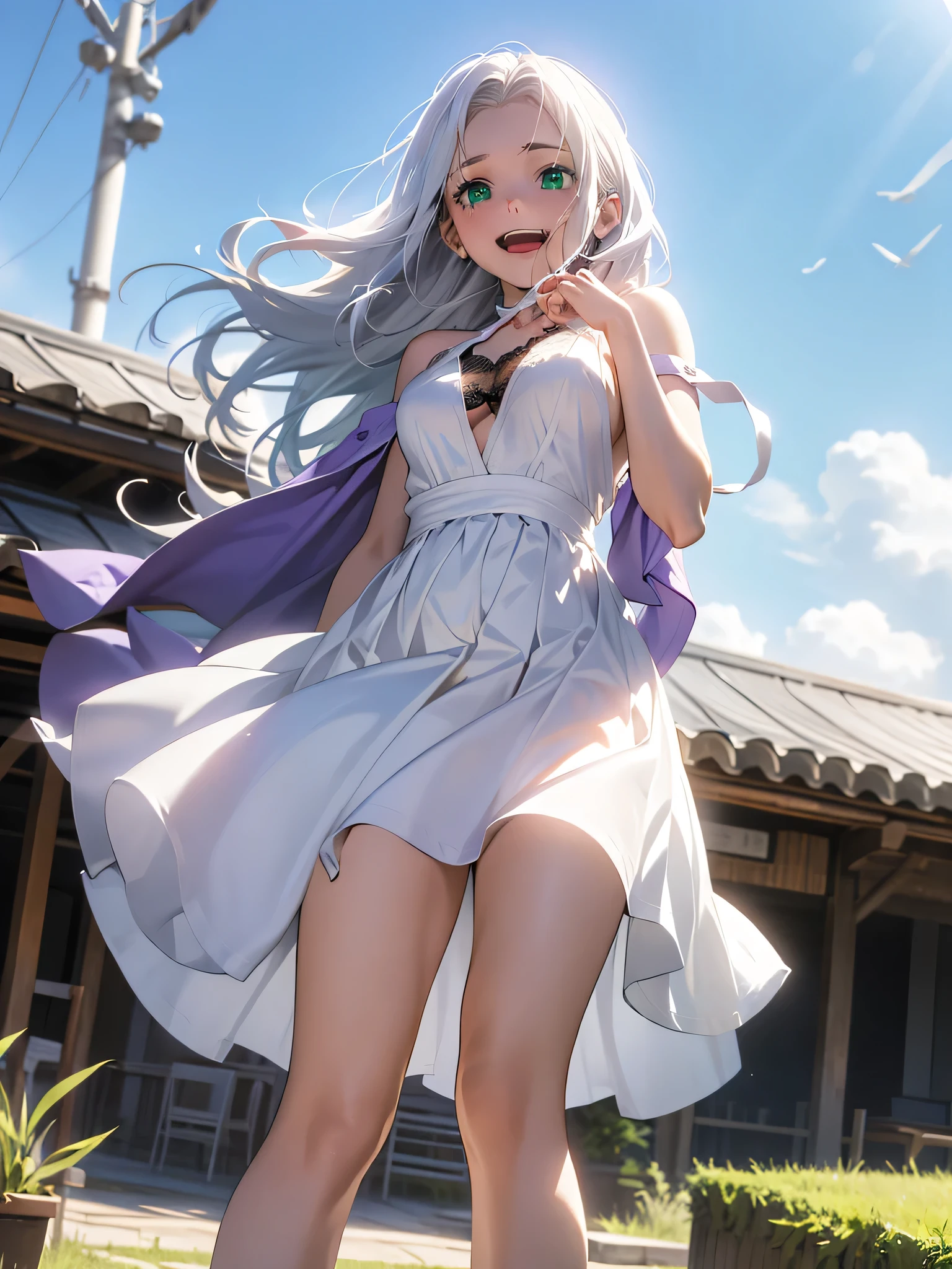 (shiny skin,melancholy look、Super detailed),((1 girl)),(perfect face, detailed face, fine eyes,perfect hands,perfect fingers), (medium breasts:1.2,evil smile:1.4),(mature woman:1.4),cowboy shot,thick,throw, (from below:1.4),short hair, Straight HARE,((紫のone piece))、one piece、((8k wallpaper)),bare chest,cleavage, window,chest comes out,transparent clothes、(((purple background：1.5)))、Put your arms behind your back、ＥＭPosing for a bust size、(A gust of wind blowing from beneath your feet:1.2)、((Make sure nothing is visible except the person))、((Black long lace)),index, (green eyes:1.5), ((White hair)), long hair, habit,sit、thin legs,open towel、pantuscular pussy