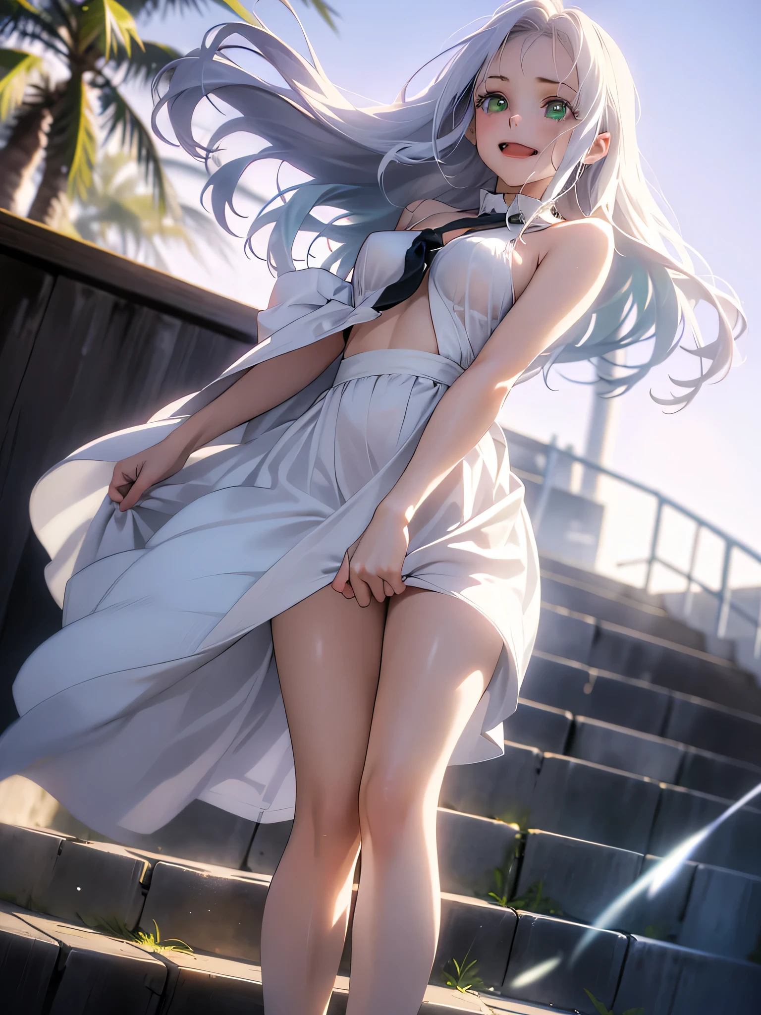 (shiny skin,melancholy look、Super detailed),((1 girl)),(perfect face, detailed face, fine eyes,perfect hands,perfect fingers), (medium breasts:1.2,evil smile:1.4),(mature woman:1.4),cowboy shot,thick,throw, (from below:1.4),short hair, Straight HARE,((紫のone piece))、one piece、((8k wallpaper)),bare chest,cleavage, window,chest comes out,transparent clothes、(((purple background：1.5)))、Put your arms behind your back、ＥＭPosing for a bust size、(A gust of wind blowing from beneath your feet:1.2)、((Make sure nothing is visible except the person))、((Black long lace)),index, (green eyes:1.5), ((White hair)), long hair, habit,sit、thin legs,open towel、pantuscular pussy