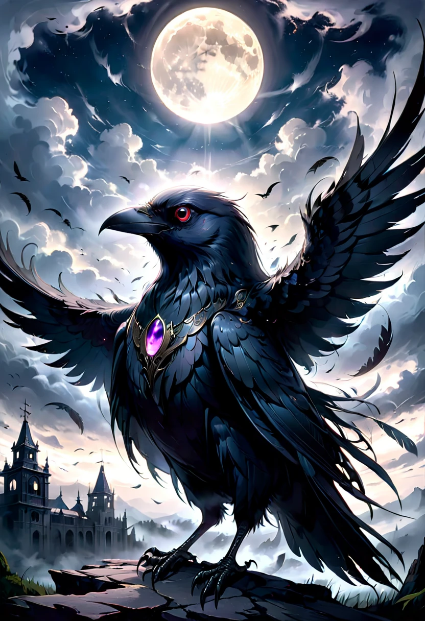 best quality,ultra-detailed,(realistic:1.37) paintings,dark and mysterious atmosphere,ominous colors,[crow],intricate feathers,sharp beak,penetrating gaze,intense expression,eerie silhouette,sinister presence,nighttime scene,moonlit sky,clouds,dramatic lighting,contrast of light and shadow,gothic style,dramatic brushstrokes,texture and depth,colorful plumage,majestic wingspread,haunting presence,foreboding,loneliness,uneasy feeling,impressive details,beautifully captured essence,artistic masterpiece