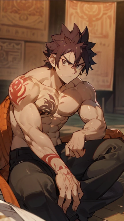 (Handsome man, muscular body, sharp jawline, masterpiece, detailed, 3D, physical based render) Natsu Dragneel sitting in front of a large banner depicting an ancient dragon. Natsu Dragneel has a shirtless musular buff body full of tattoos of dragons in black ink. There are splats of black ink on the floor. He is sitting, with a stern expression looking at the viewer. (tattoos on body:1.2), (black chino pants:1.1). The environment is ominous and intimidating. There are (flames:1.1) and broken building. The banner is torn and burning.