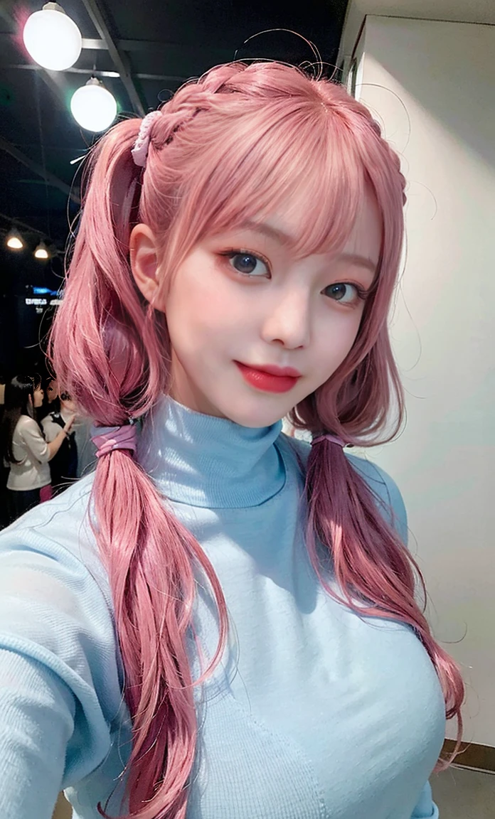 (Raw photo:1.2)、Full body photo、Professional full body photo、highest quality、beautiful detailed girl、laughter、Idol、highly detailed eyes and face、beautiful and fine eyes、huge file size、High resolution、8K wallpapenely、Bitch gal、gal、red lip、pink eyeliner、wallpaper、light shines on your face、movie lighting、19 year old girl、Idol pose、(photorealism:1.4)、enlightenment、super detail、masterpiece、light blue space suit(gundam pilot suit、Gundam SEED pilot suit)、Hair length that does not reach shoulders(bob hair、twin tails、pink hairstyle、pink hair、emerald green fur hair tie)