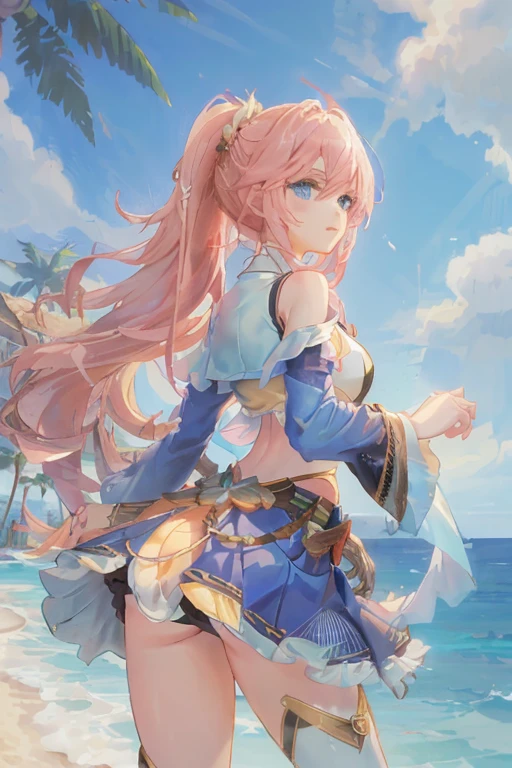cornflower art, fantastic, (a beautiful girl,Anime style girl,blue eyes,long hair,wearing light clothes,shining,long sleeve,open chest,short skirt,pink big breasts,White,,beautiful butt,Nice butt,Ahead is the beach and bright blue sky,There are clouds above,There are palm trees in the background on both sides of the picture,,Nothing under the skirt