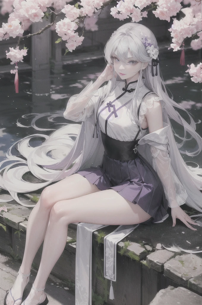 masterpiece, Excellent, daytime, outdoor, fallen flowers, branch, Chinese style, China, 1 girl, Perfect Woman, woman with long silver hair, grey-blue eyes, light pink lips, cold, Serious, boom, purple eyes, White clothes, black clothing series, delicate face, delicate face, Sitting Legs, Smile，short skirt，Nice butt，beautiful butt