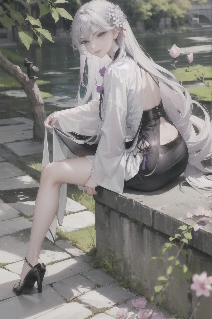 masterpiece, Excellent, daytime, outdoor, fallen flowers, branch, Chinese style, China, 1 girl, Perfect Woman, woman with long silver hair, grey-blue eyes, light pink lips, cold, Serious, boom, purple eyes, White clothes, black clothing series, delicate face, delicate face, Sitting Legs, Smile，short skirt，Nice butt，beautiful butt