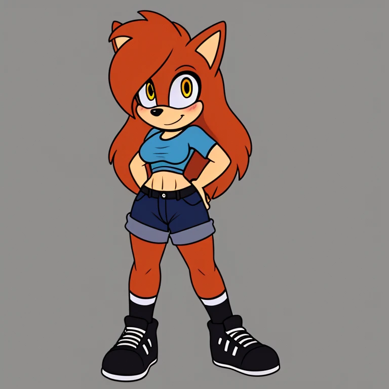 1girl, solo, shorts, blue hair, shirt, shoes, hedgehog girl mobian, socks, mobian, simple background, yellow eyes, black shirt, breasts, eyewear on head, grey background, animal ears, blue shorts, black footwear, full body, furry female, sunglasses, sunglasses on the head, ((athletic body)), looking at viewer, sneakers, arms behind back, denim shorts, denim, short shorts, long hair, standing, smile, medium breasts, midriff, blush, closed mouth, short sleeves, black socks, outline, Intricate Details, Masterpiece, Best Quality, High Quality, Studio Quality, Best Detail, Perfect Detail, Refine Detail.