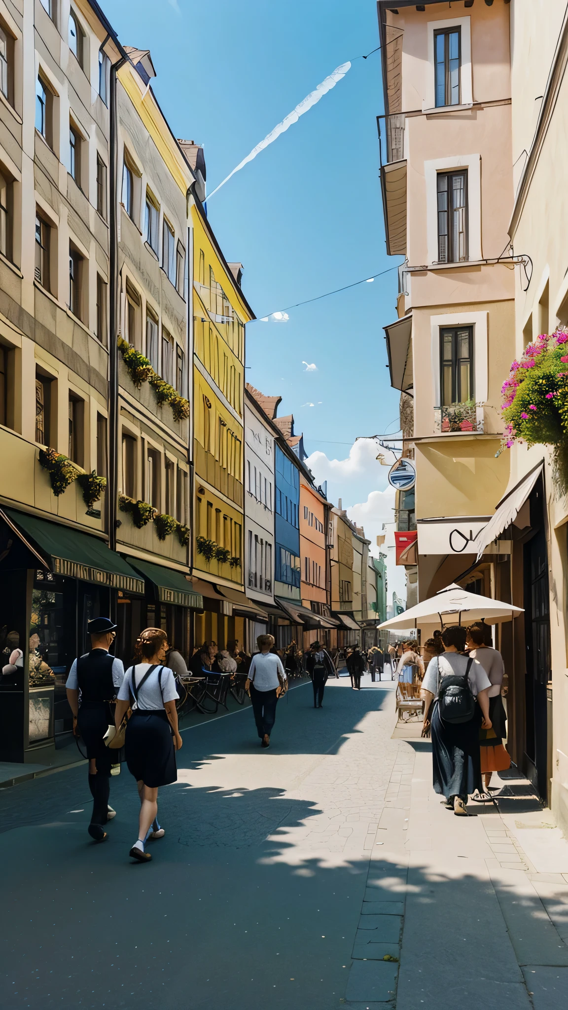 Summer of Europe in 1914, beautiful afternoon, sunny day. People walking on the street