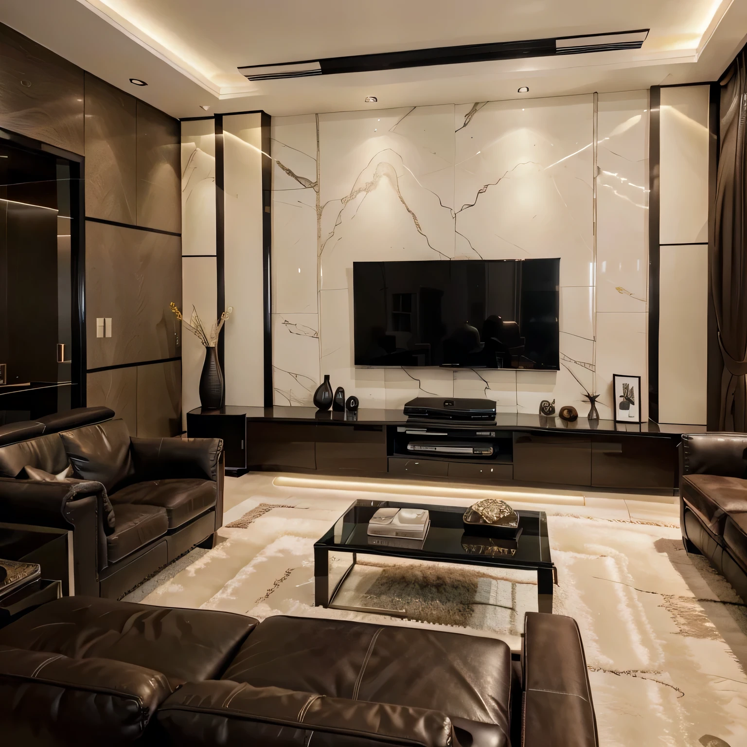 arafed living room with a tv and leather couches and a coffee table, popular interior design style, cinematic accent lighting, luxury condo interior, interior living room, interior decoration, living room interior, home interior, dramatic ambient lighting, interior design, modern living room, modern style, high end interior, lounge room, living room, elegant minimalism, luxurious environment