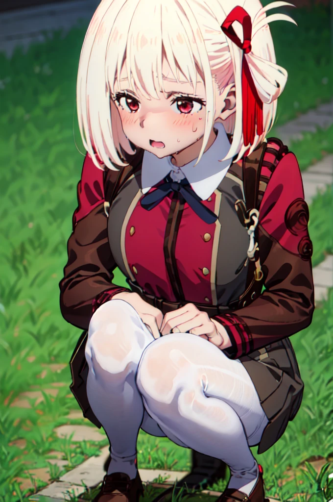 , Chisato Nishikigi, lycoris uniform and white skin,knees,(black pantyhose),absurd,(masterpiece:1.3), (High resolution), (8K), (very detailed), (4k), (pixiv), perfect face, beautiful eyes and face, (最high quality), (Super detailed), detailed face and eyes, black pantyhose,pubic hair,黄色いPeeを漏らす裸の***,1 girl,alone,spread your legs, embarrassing, blush,いPee, (sweating:1.4),spread your legs,1 girl, (alone), High resolution, use_fast_no_frozen_style, use_fast_no_frozen_style, twin tails, very long hair, high quality, 1 girl, nude, Pee, squat, touch the vagina