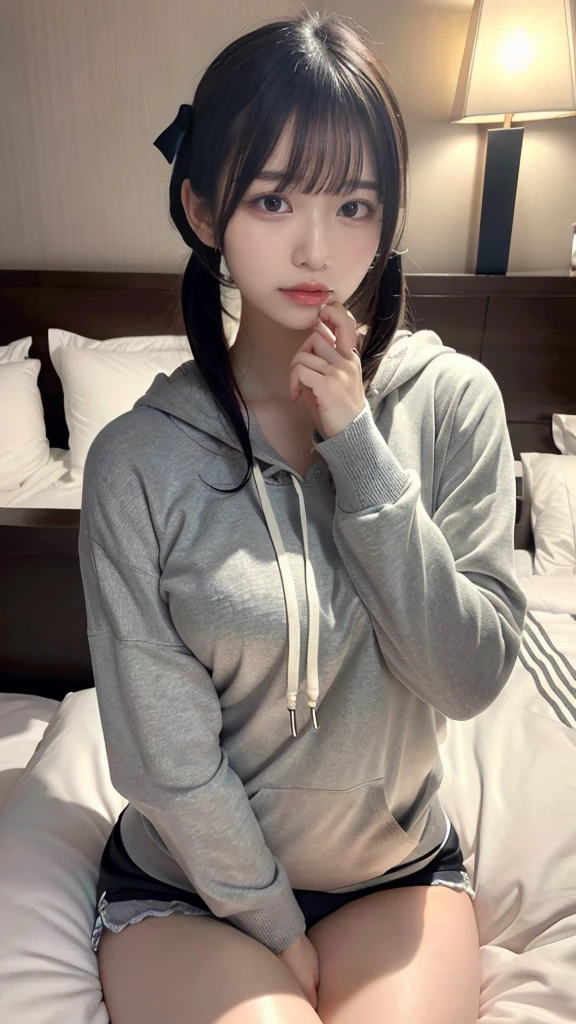 muste piece, best quality, illustration, Super detailed, fine details, High resolution, 8K,wall paper, perfect dynamic composition,(Details High quality, realistic depiction of eyes:1.3), Oversized Light Grey Hoodie, Erotic Shorts, twintail、Lying down, black hair color, Big Natural Color Lip, bold sexy pose, (perfect body shape), crying a little、cold gaze, Harajuku style、20 year old girl、cute type、ta、beautiful legs, hotel room, hposing Gravure Idol, Voluptuous thighs