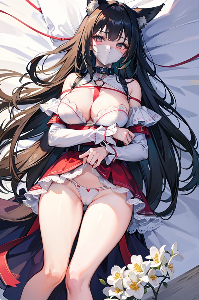 (Highly detailed CG unified 8k), (best quality),(Very detailed),(ultra high resolution), extremely detailed faces,handcuffs,collar,fox ears,1 female, White cloth gag, , White latex lace bikini, rope, breasts rope, hands back rope, leg rope, thigh rope, bust rope, feet rope, Place your arms behind your waist, tie wrists, ankle, black hair, straight hair, Lying in Gede,Bright meadow,wilderness,