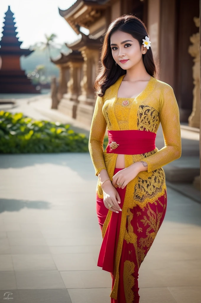 8k portrait of beautiful cyborg with brown hair, point with finger, ((beach temple background)), photography, portrait of gadis_jelita wearing kebaya_bali in black_kebaya_bali, red lipstick, detail, flowers, blurry background, soft focus, (masterpiece, sidelighting, finely detailed beautiful eyes: 1.2), hdr