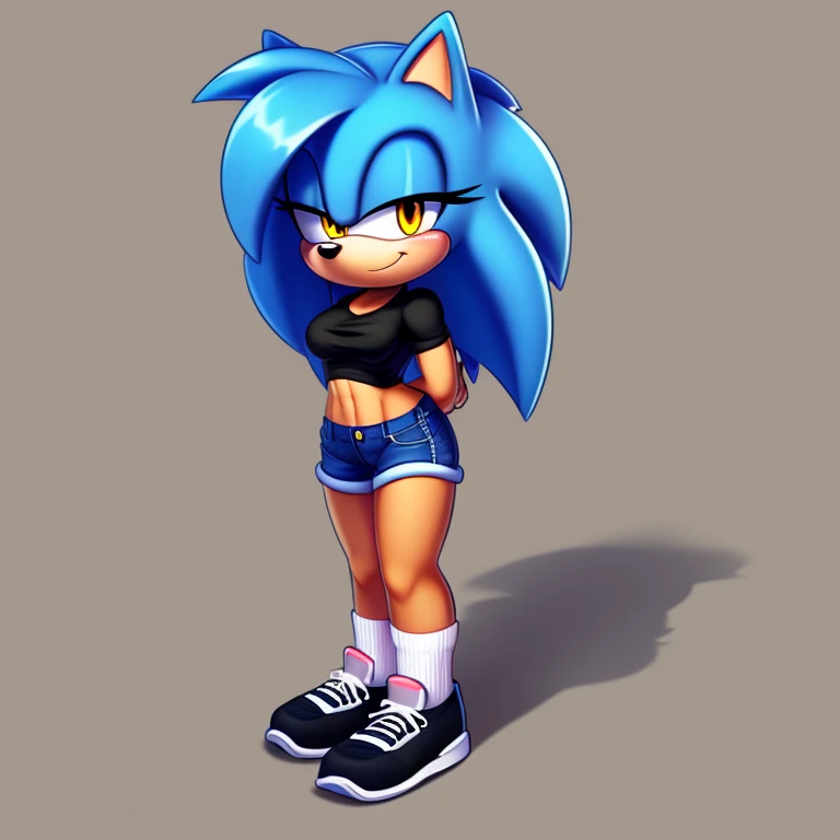 1girl, solo, shorts, blue hair, shirt, shoes, hedgehog girl mobian, socks, mobian, simple background, yellow eyes, black shirt, breasts, eyewear on head, grey background, animal ears, blue shorts, black footwear, full body, furry female, sunglasses, sunglasses on the head, ((athletic body)), looking at viewer, sneakers, arms behind back, denim shorts, denim, short shorts, long hair, standing, smile, medium breasts, midriff, blush, closed mouth, short sleeves, black socks, outline, Intricate Details, Masterpiece, Best Quality, High Quality, Studio Quality, Best Detail, Perfect Detail, Refine Detail.
