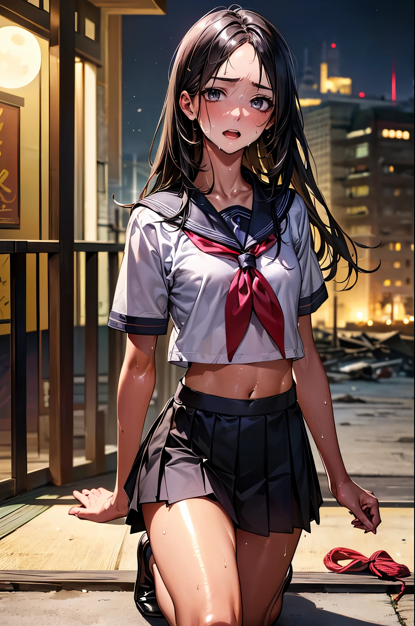 college girl,校服、Girl student uniform、(Tattered and dirty sailor uniform:1.2)、Disheveled clothes、exposing your navel,torn fabric、Short pleated skirt、(Torn skirt:1.2)、dirty hair、The face is dirty、(Dirt on skin,,:1.2)、Run through the ruins、building crumbling、stunningly beautiful face、Dynamic Unger 、动态照明