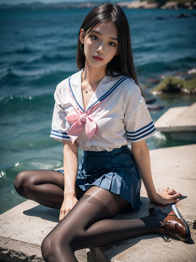 (whole body:1.5),(1 girl:1.3),(view viewer:1.4),(anatomically correct:1.3),(Sitting on the sea:1.2),(Pink and blue sailor suit and pleated skirt :1.2),(Tan pantyhose:1.3),( JK small leather shoes for female students :1.1),(Accurate and perfect face shape:1.3),ultra high definition, Ray tracing, reflected light, Quite accurate, Award-winning, high detail, Lighten shadow contrast, face lighting ,movie lighting, masterpiece, Ultra-detailed, high quality, high detail, best quality, 16K,high contrast,