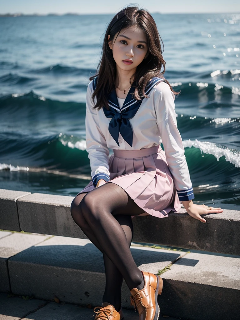 (whole body:1.5),(1 girl:1.3),(view viewer:1.4),(anatomically correct:1.3),(Sitting on the sea:1.2),(Pink and blue sailor suit and pleated skirt :1.2),(Tan pantyhose:1.3),( JK small leather shoes for female students :1.1),(Accurate and perfect face shape:1.3),ultra high definition, Ray tracing, reflected light, Quite accurate, Award-winning, high detail, Lighten shadow contrast, face lighting ,movie lighting, masterpiece, Ultra-detailed, high quality, high detail, best quality, 16K,high contrast,