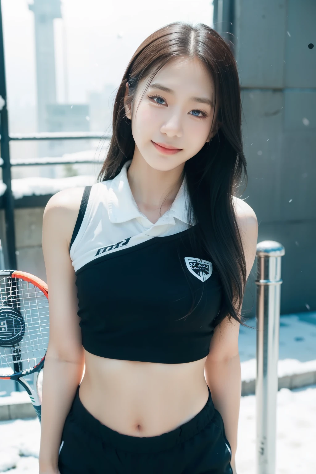 ((Masterpiece, best quality, Ultra high resolution)), (((Girl in Japanese gym uniform, Blue Japanese women's exercise shorts, stand confidently, wear tennis racket))), (((black hair, dark black hair))), long hair cut, Pale skin, ((brown eyes)), glow_eyes, neon eyes, (ultra detailed eyes:0.7, ใบหน้าที่beautifulงามและละเอียด, detailed eyes:0.9), ((in the middle)), ((cute smile, beautiful)), Facing the audience, eye level, ((vibrant background, snowy landscape, city scenery, It's snowing)), Flat chest, look at viewer, ((half closed eyes)), ((perfect hand)), (((head:1, arm, hip, elbow, in view))), ((hands behind)), empty eyes, แสงที่beautifulงาม, outside, outdoor, background, designated matter, 18 years old, (head tilt)