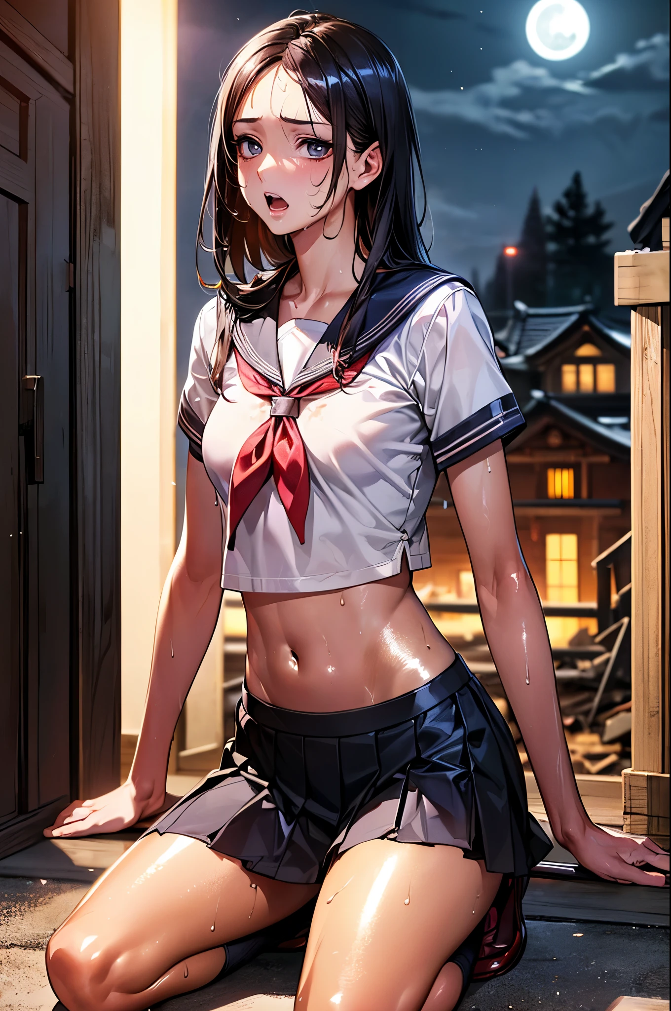 ((perfect anatomy,realistic:1.2,RAW Photography:1.2,masterpiece、highest quality、Ultra - High resolution、High resolution、Highly detailed CG、8K)),cowboy shot,1 female,solo,18-year-old、High school girl swordsman、18-year-oldの美少女,Japanese,(beautiful detailed face and eyes:1.2,big gorgeous eyes:1.2,gray eyes,),black hair,long bob hair,(center parted hair,forehead),open mouth,steam,(medium breasts,slender body,small head:1.2,skinny),(oily skin,gleaming skin,shiny skin,sweat:1.7),(Japanese sword thrust into the ground、Accurately depicted Japanese sword:1.2),school clothes、short sleeve、sailor suit、Black sailor collar、navel、red neckerchief、Black pleated mini skirt,kneeling、((collapsed building,apocalyptic world,at night、moonlight)),