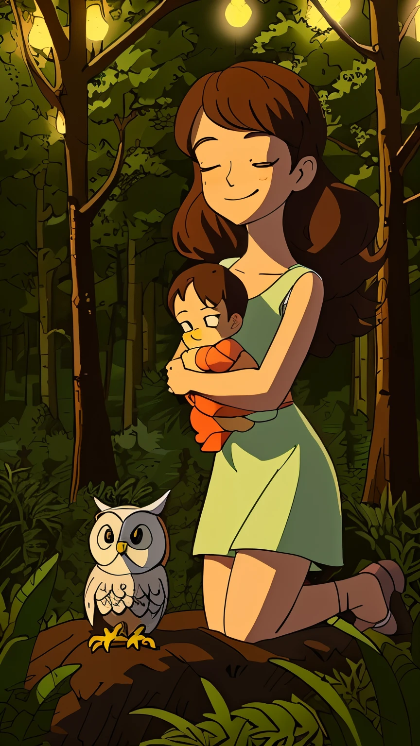 masterpiece, top quality, A -yeld gikneeling in a tranquil forest, hugging the baby in hrms, The baby looks at smiling while she looks at him fondly. The forest is well lit, An owl sits on a branch above them. Drew high quality, estilo anime.