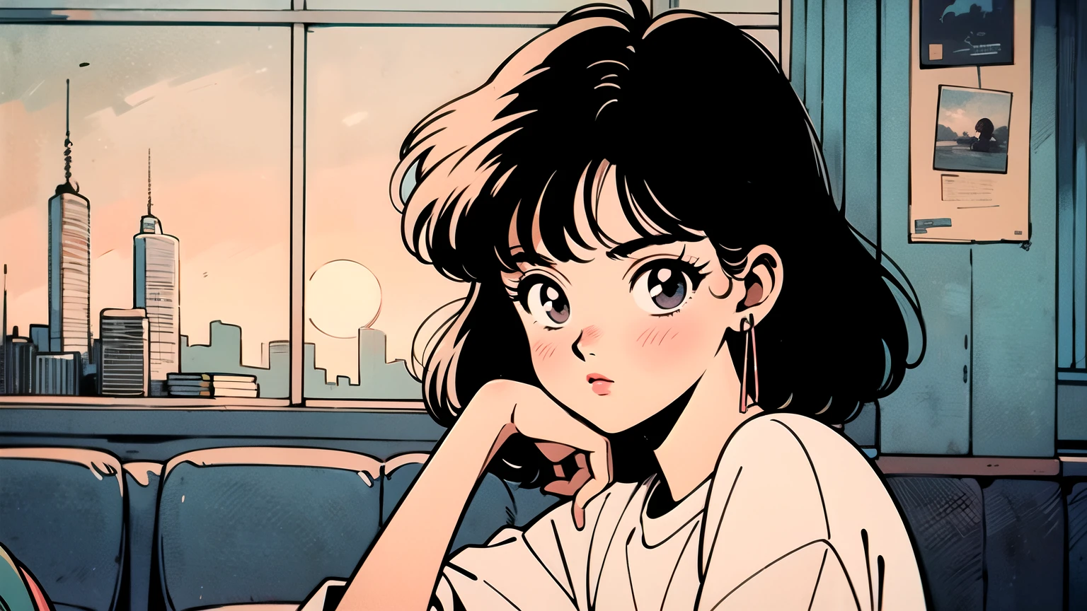 1 woman, Only, Anime girl sitting on a book with a laptop and headphones, sunset, coffee, window, african american, book, lofi girl, lofi art, Do not have Art Style, Lofi Feeling, Lopi Portrait, Lopi color, Do not have, lo-fi art, Lopi Vibe , lobby vibe, lofi hip hop, Satoshi can also do art style, lofi girl aesthetic, hip hop lofi, city pop