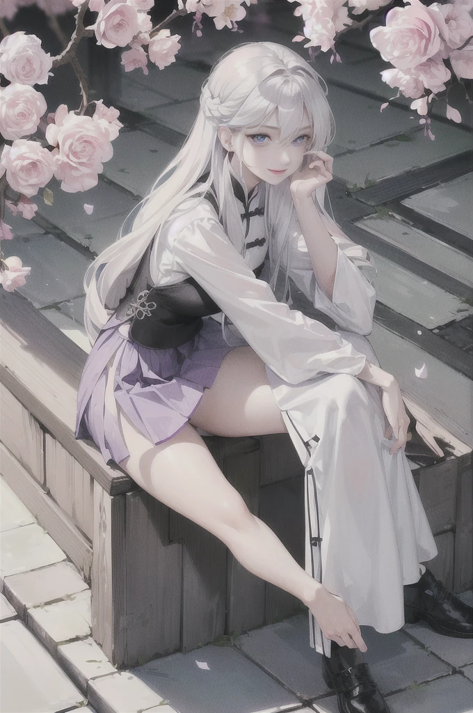 masterpiece, Excellent, daytime, outdoor, fallen flowers, branch, Chinese style, China, 1 girl, Perfect Woman, woman with long silver hair, grey-blue eyes, light pink lips, cold, Serious, boom, purple eyes, White clothes, black clothing series, delicate face, delicate face, Sitting Legs, Smile，short skirt，Nice butt，beautiful butt