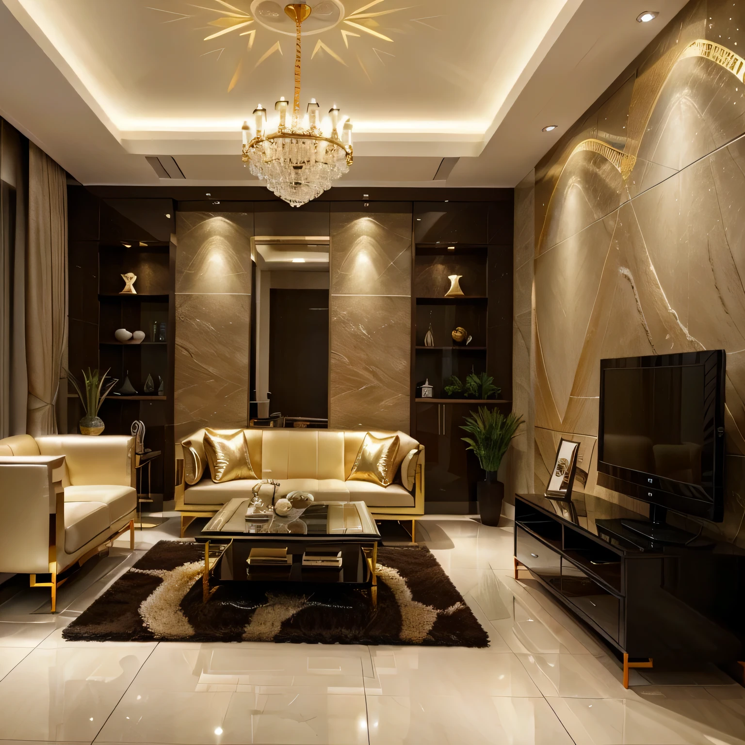 retrofuturism interior design， Light gold color scheme - sophisticated space，Designed to showcase the work of different artists。The walls are painted in neutral colorake the artwork stand out，Track lighting illuminates each piece。The comfortable seating area is a great place to admire the artwork，Bedrooms，Beds，wardrobe