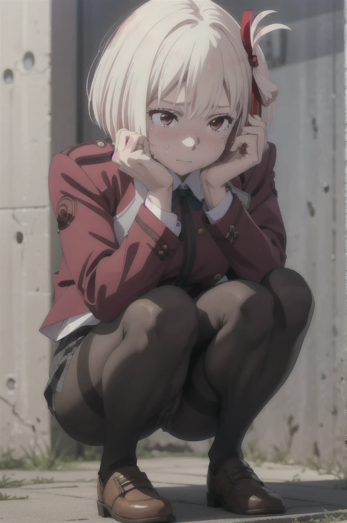 Chisato Nishikigi, lycoris uniform and white skin,knees,(black pantyhose),absurd,(masterpiece:1.3), (High resolution), (8K), (very detailed), (4k), (pixiv), perfect face, beautiful eyes and face, (最high quality), (Super detailed), detailed face and eyes, black pantyhose,pubic hair,黄色いPeeを漏らす裸の女の子,1 girl,alone,spread your legs, embarrassing, blush,いPee, (sweating:1.4),spread your legs,1 girl, (alone), High resolution, use_fast_no_frozen_style, use_fast_no_frozen_style, high quality, 1 girl, nude, Pee, squat, touch the vagina