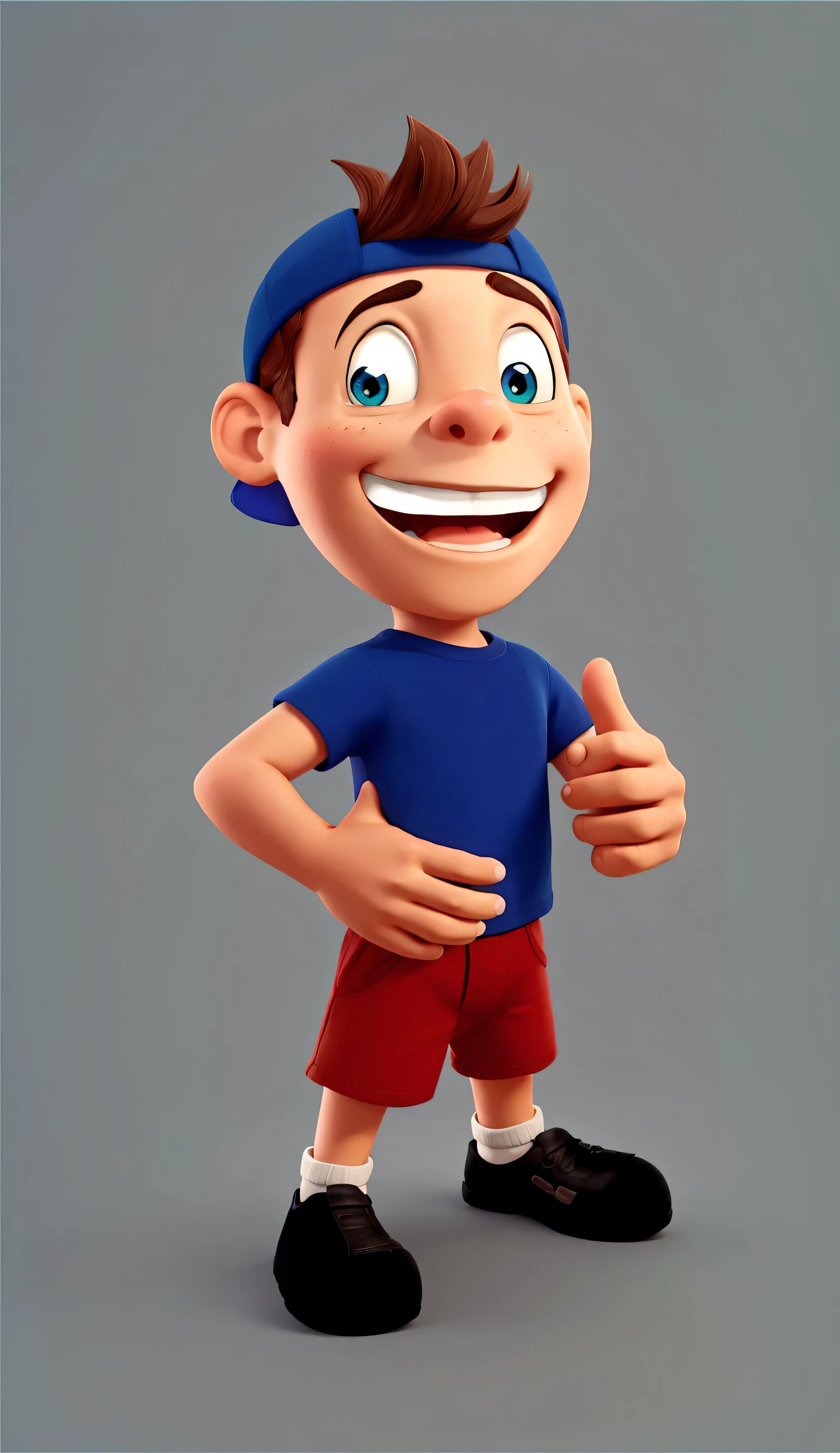 Garoto, making a positive sign with your hand, usando camisa azul lisa e bermuda vermelha, with rear-facing cap, estilho Disney Pixar, qualidade alta, 4k