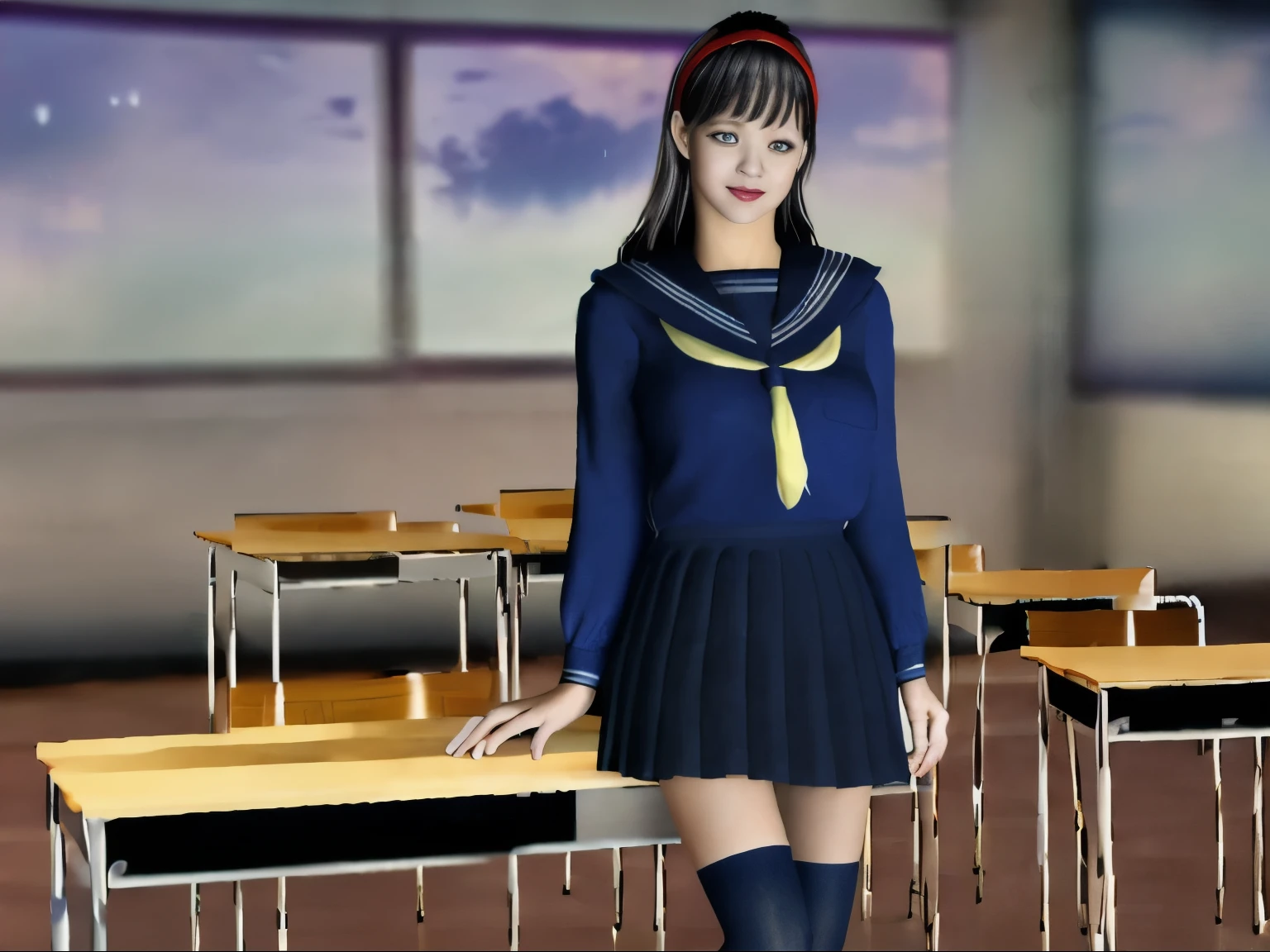 (dark photo、unity、8k wallpaper)、(very delicate and beautiful)、(masterpiece)、(highest quality:1.2)、(超A high resolution:1.3)、(beautiful realistic asian),beautiful lighting、perfect lightning、realistic shadow、fine skin、Super detailed、detailed face and eyes、realistic eyes、sharp pupils、Huge , inside the classroom、School、sunset、beautiful face、blurred background、(japanese woman)、shiny skin、side up、美しいblack hair、dull bangs、Japan High School Sailor Uniform、pleated mini skirt、gentle smile, ((table top, highest quality)), (shiny skin), cinematic lighting, Physically based rendering, award-winning, highly detailed skin, highly detailed face, Beautiful eyes in every detail, Carl Zeiss 85mm F/1.4, (Standing position), (cumin , on the chest and thighs), she'she'To a very cute 16 year old , (black hair, straight long hair, open your eyes, blush), big cleavage, (sailor blouse, Pull up the pleated skirt yourself:1.3), watching from a distance, (navy knee socks, thigh focus),art by、