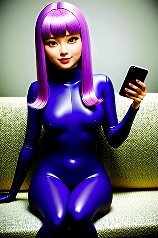 live-action Android Human Xu々Brainwashed woman Xu々change to sit on the sofa Touching a smartphone Enamel Zentai smile Purple Hair Color My eyes are glowing