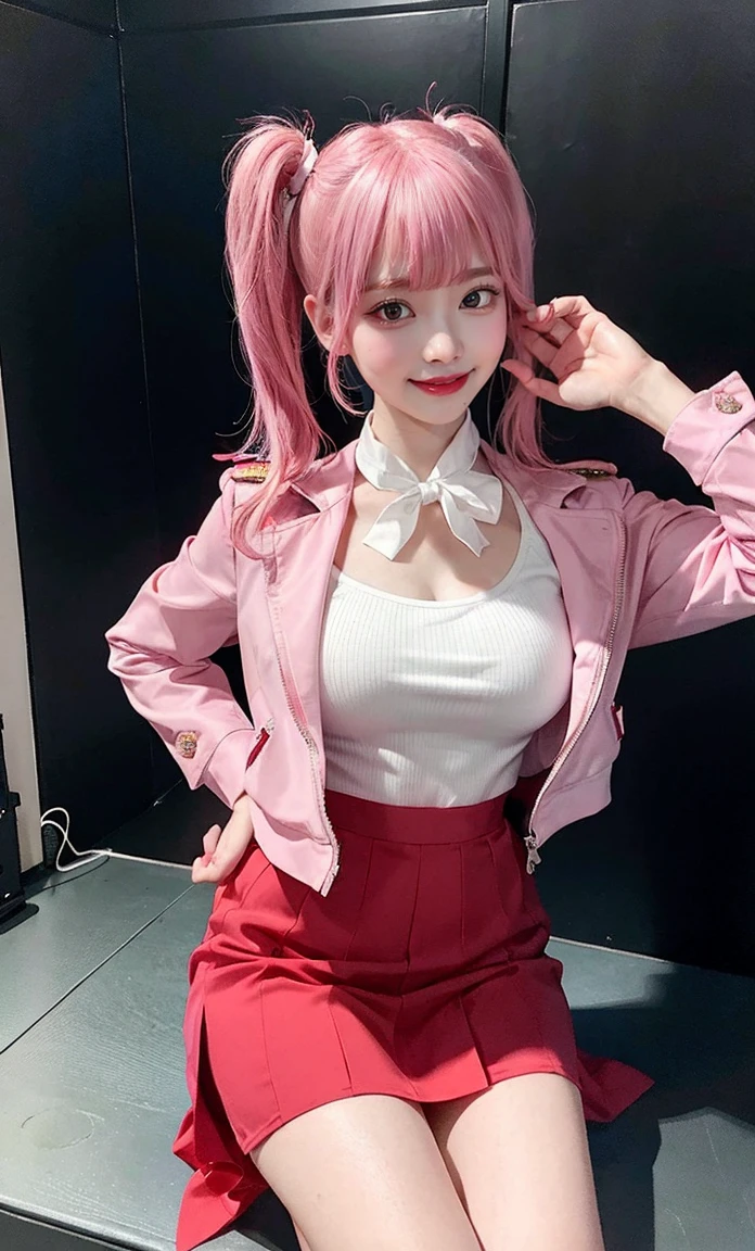 (RAW photo:1.2)、full body photo、プロのfull body photo、highest quality、beautiful detailed girl、pink hair color、twin tails、laughter、Idol、highly detailed eyes and face、beautiful and detailed eyes、huge file size、High resolution、8K wallpapenely、wallpaper、light shines on your face、movie lighting、22 year old girl、Idol pose、(photorealism:1.4)、enlightenment、Super detailed、masterpiece、red universal century military uniform(red jacket、zaft army uniform、white mini skirt)、bob hair(shortcut、pink hairstyle、beautiful pink hair、green hair tie)
