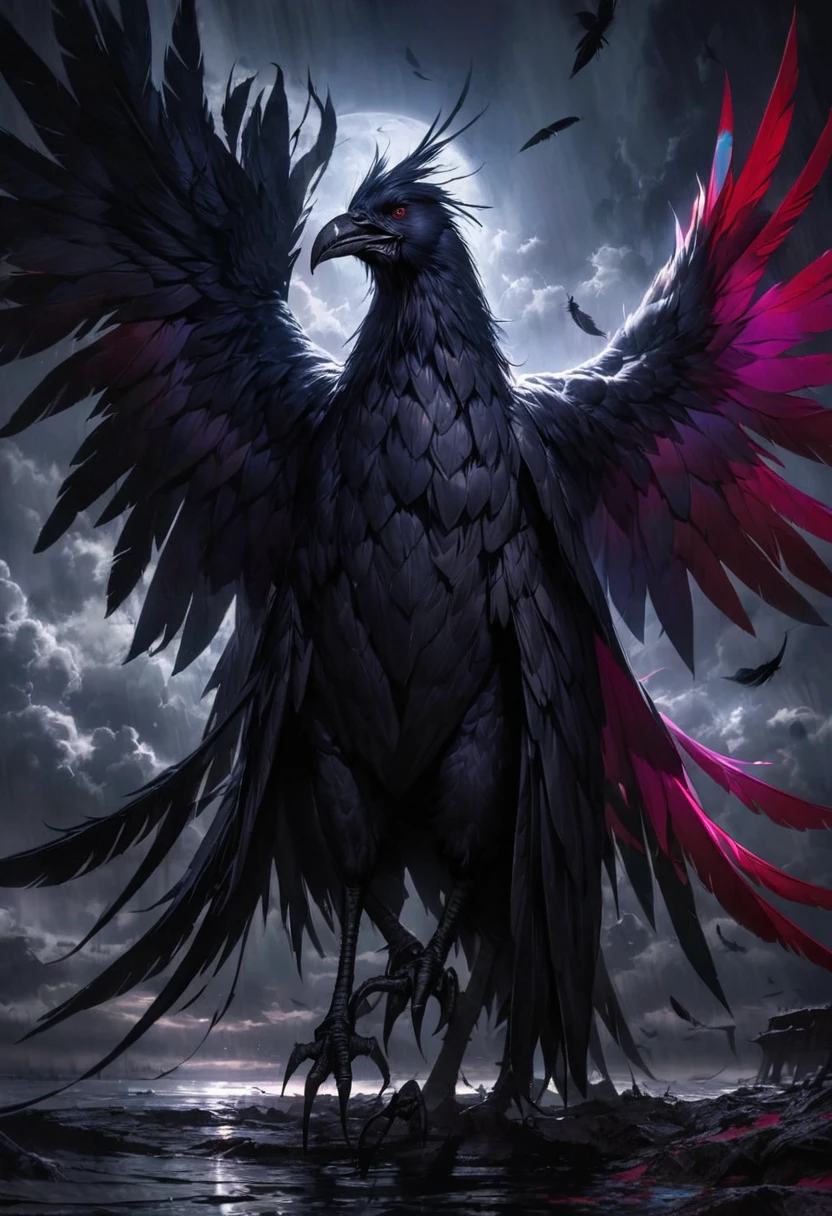 best quality,ultra-detailed,(realistic:1.37) paintings,dark and mysterious atmosphere,ominous colors,[crow],intricate feathers,sharp beak,penetrating gaze,intense expression,eerie silhouette,sinister presence,nighttime scene,moonlit sky,clouds,dramatic lighting,contrast of light and shadow,gothic style,dramatic brushstrokes,texture and depth,colorful plumage,majestic wingspread,haunting presence,foreboding,loneliness,uneasy feeling,impressive details,beautifully captured essence,artistic masterpiece