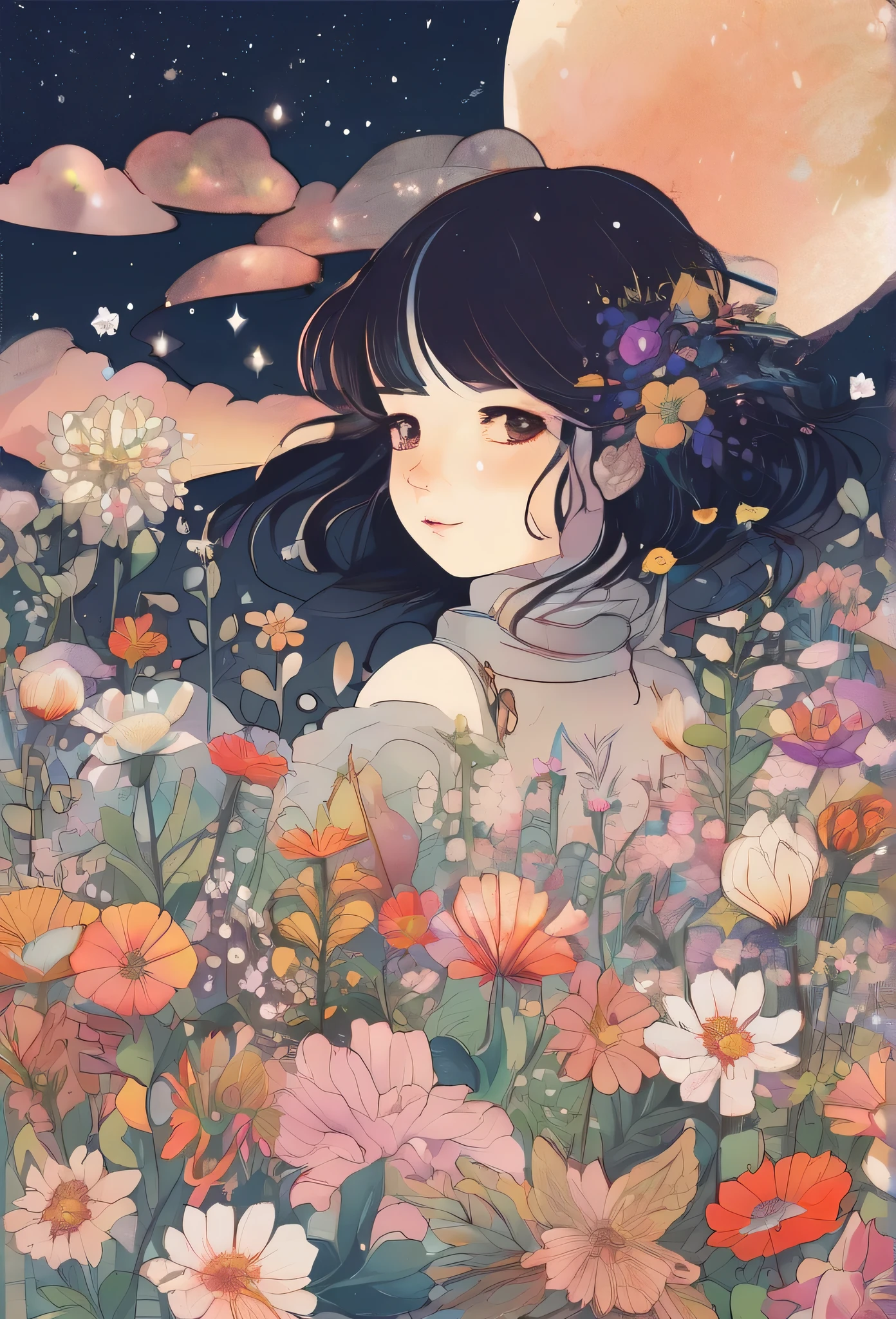 Beautiful flowers々、lots of flower、Colorful colors、peep land、illustratio、Milky way、kosmos、Shining stars々、Wet、glitterasutepiece、top-quality, muted colors, pastel colors, subdued colors, monochrome