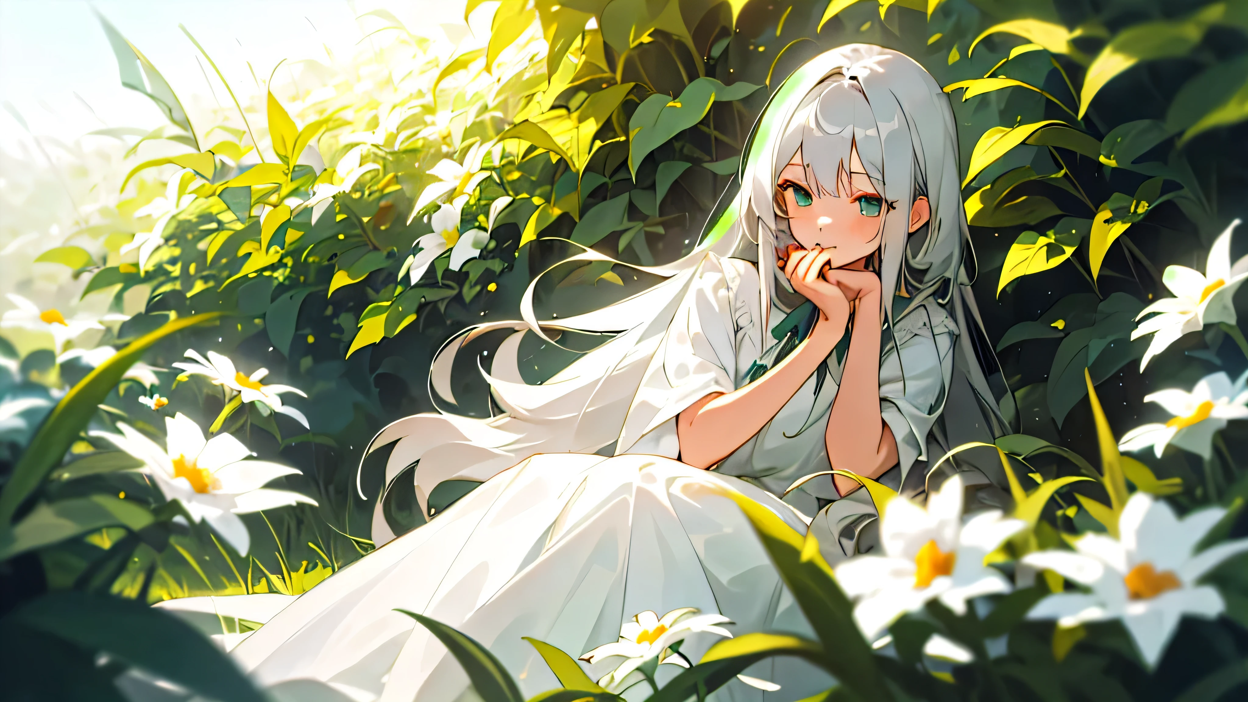(masterpiece, highest quality),One girl with long gray hair sitting in a field of green plants and flowers, her hand is under her chin, warm lighting, white dress, blurred foreground