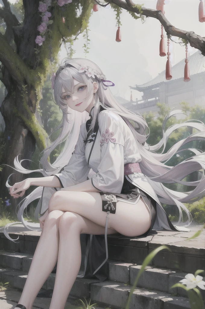 masterpiece, Excellent, daytime, outdoor, fallen flowers, branch, Chinese style, China, 1 girl, Perfect Woman, woman with long silver hair, grey-blue eyes, light pink lips, cold, Serious, boom, purple eyes, White clothes, black clothing series, delicate face, delicate face, Sitting Legs, Smile,short skirt,Nice ,beautiful ,Nothing is finished in the skirt