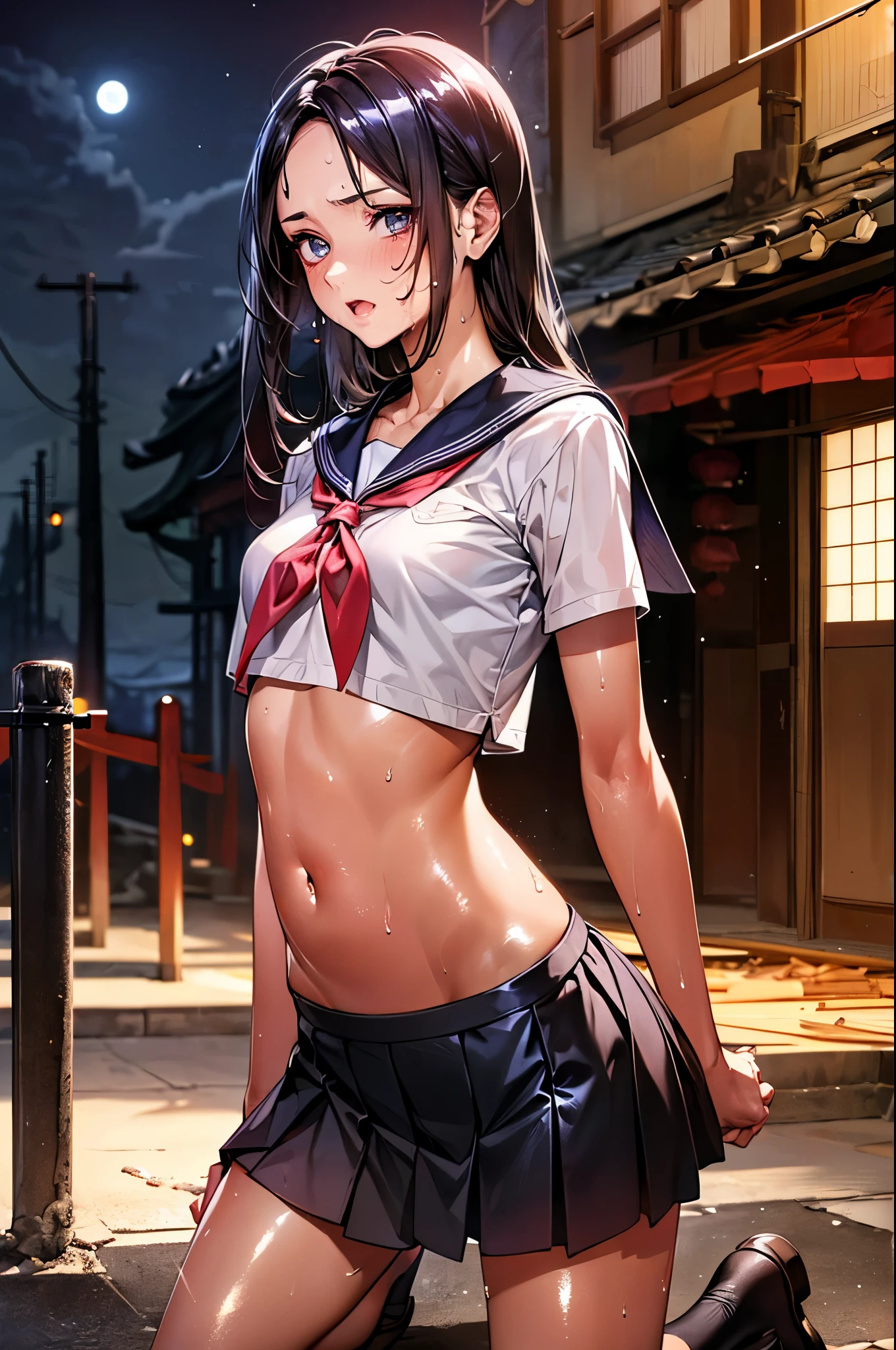 ((perfect anatomy,realistic:1.2,RAW Photography:1.2,masterpiece、highest quality、Ultra - High resolution、High resolution、Highly detailed CG、8K)),cowboy shot,1 female,solo,18-year-old、High school girl swordsman、18-year-oldの美少女,Japanese,(beautiful detailed face and eyes:1.2,big gorgeous eyes:1.2,gray eyes,),black hair,long bob hair,(center parted hair,forehead),open mouth,steam,(medium breasts,slender body,small head:1.2,skinny),(oily skin,gleaming skin,shiny skin,sweat:1.7),(Japanese sword thrust into the ground、Accurately depicted Japanese sword:1.2),school clothes、short sleeve、sailor suit、Black sailor collar、navel、red neckerchief、Black pleated mini skirt,kneeling、((collapsed building,apocalyptic world,at night、moonlight)),