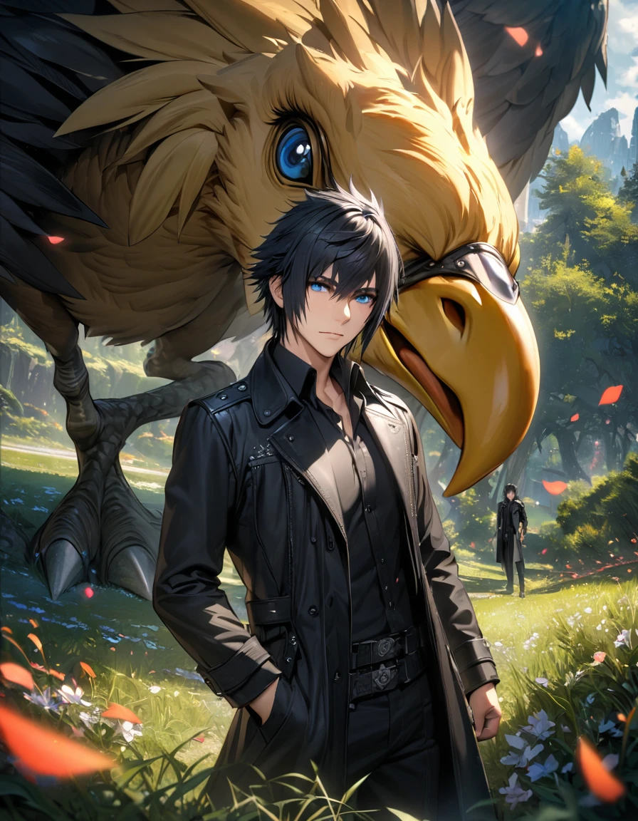 absurdres, highres, ultra detailed, HDR, masterpiece, Noctis Lucis Caelum together with a chocobo, black hair, expressive blue eyes, Final Fantasy xv, 1man, handsome, black trench coat, trees, petals, grass