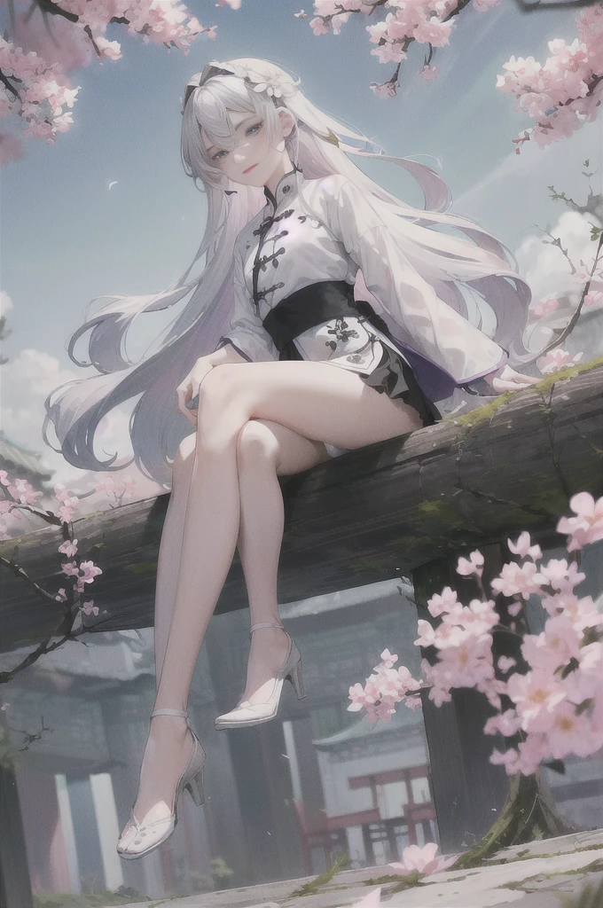 masterpiece, Excellent, daytime, outdoor, fallen flowers, branch, Chinese style, China, 1 girl, Perfect Woman, woman with long silver hair, grey-blue eyes, light pink lips, cold, Serious, boom, purple eyes, White clothes, black clothing series, delicate face, delicate face, Sitting Legs, Smile，short skirt，Nice butt，beautiful butt