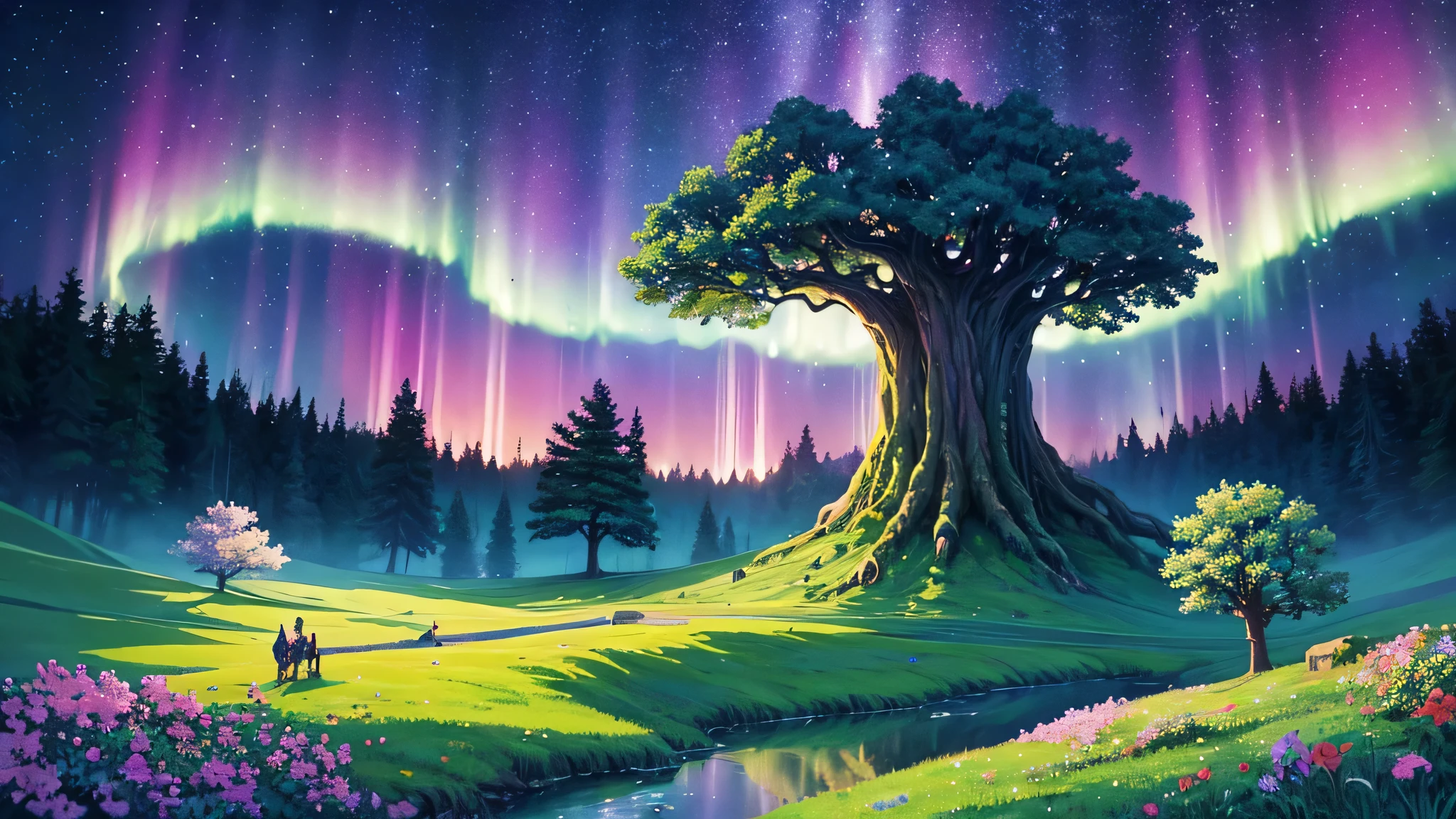 In pixel art, a beautiful sky full of ribs can be depicted as elegant, flowing auroras or wispy clouds arching across the sky. Here is a description of a pixel art scene featuring this kind of sky and an open place with a Yggdrasil tree: The sky is filled with long, flowing waves of vibrant colors, resembling ribs or auroras. These streaks shift seamlessly between hues of green, purple, and blue, dancing gracefully across the dark, star-studded night sky. The open place below the sky is a serene and mystical landscape, with rolling hills and sparse vegetation. In the middle of the scene stands a majestic pixel art Yggdrasil tree. This ancient tree has a massive, gnarled trunk and sprawling roots that appear deeply intertwined with the earth. Its vast branches stretch toward the sky, adorned with delicate pixelated leaves. The soft glow of the auroras reflects off the tree, highlighting its leaves and branches with ethereal light. The Yggdrasil tree seems almost magical in this setting, bridging the connection between the earth and the sky. Around the tree, the ground is dotted with pixelated shrubs and flowers that sway gently in the breeze. The overall scene creates a sense of wonder and tranquility, with the captivating beauty of the auroras and the majestic presence of the Yggdrasil tree as focal points.