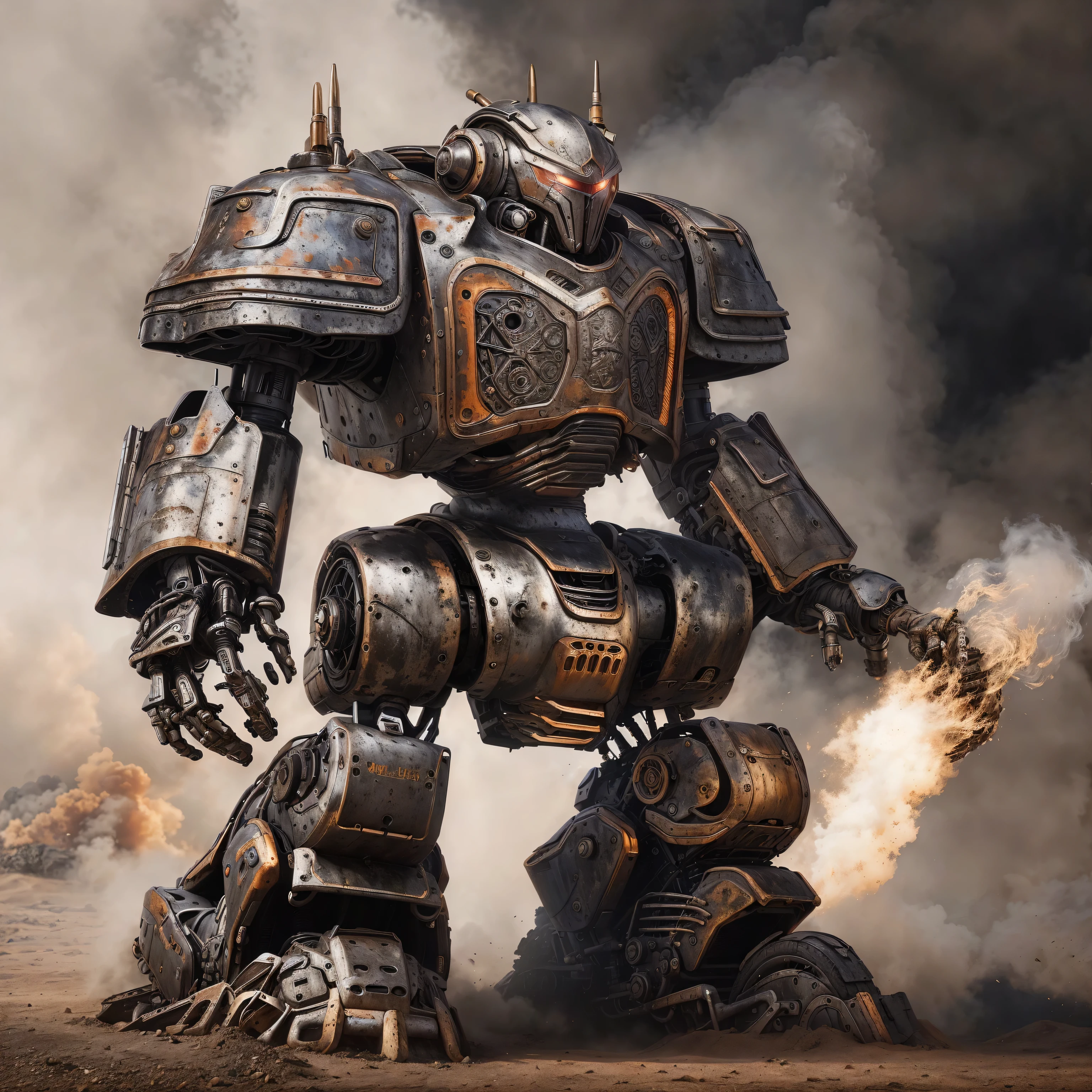 There is a robot, which stands in the mud, military robot, huge mechanical robot, fighting mechanism, Giant mechanical robot, fur robot futuristic, giant robot mechanic, big mechanical robot in anime, combat robots, big robot, massive robot, Fighting style, mega humanoid mech, fighting mechanism, Pacific Rim fur in the background