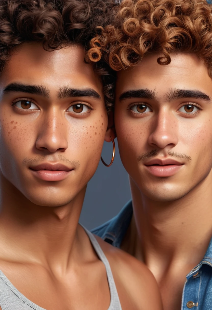 create disney pixar style poster couple of young man with short curly hair, hoop earrings, brown skin, moles on his face near her eyes, very tall and muscular