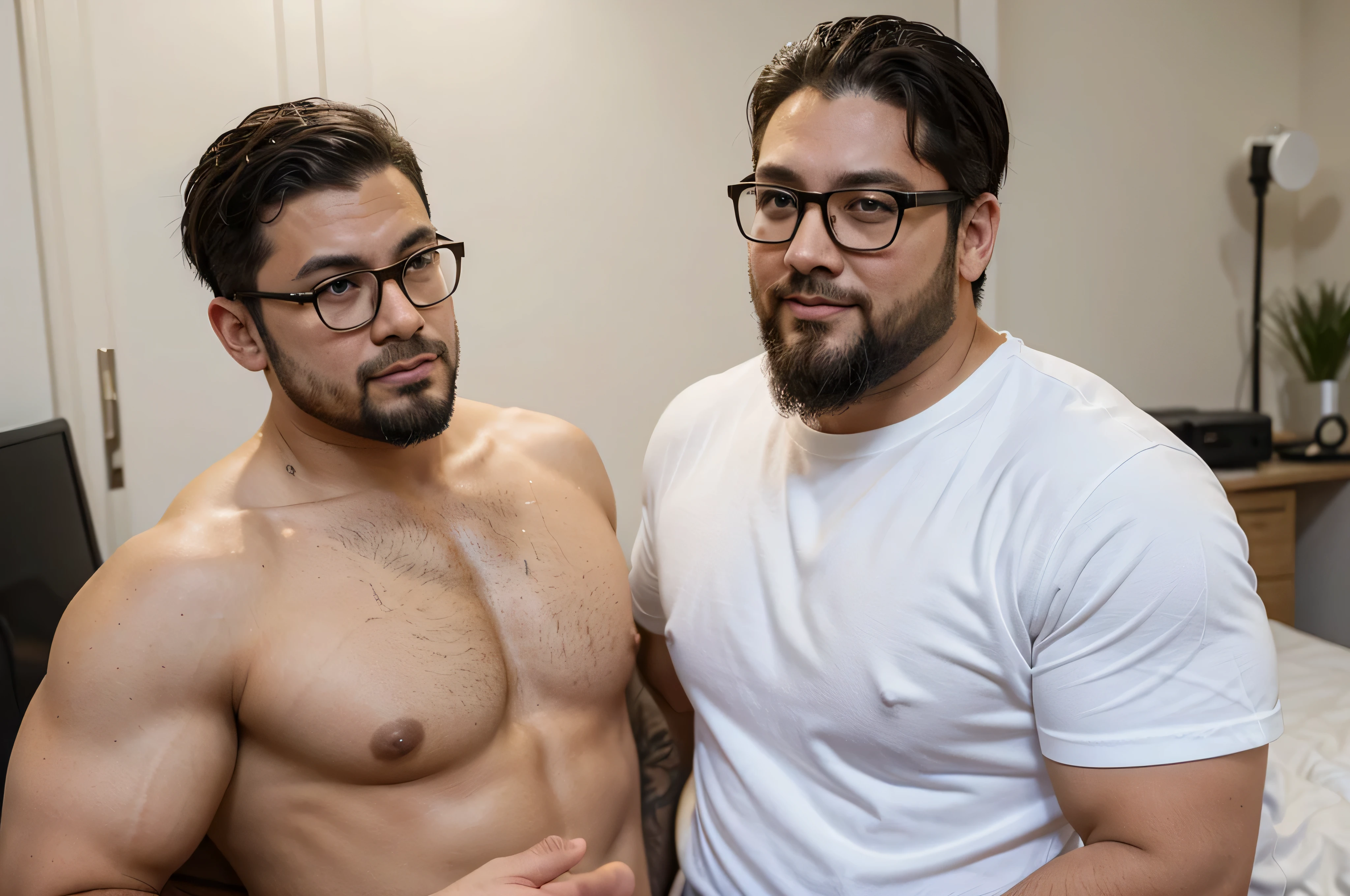 huge load of cum all over a 36 year old stocky chubby thick Japanese businessman wearing only glasses with short hair and beard and his male friend
